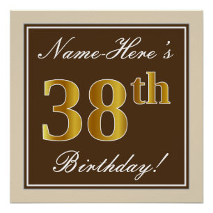 Poster Elégant, Brown, Faux Gold 38ème anniversaire + Nom