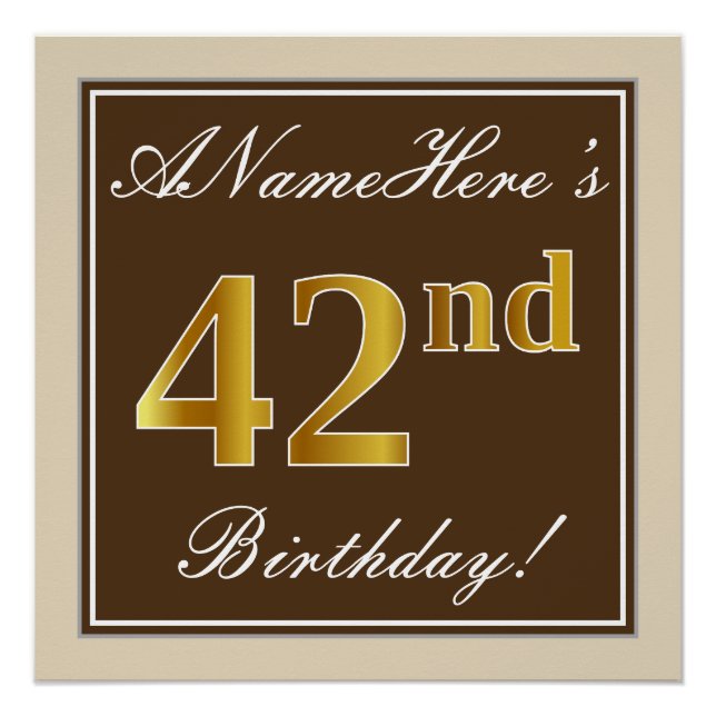 Poster Elégant, Brown, Faux Gold 42ème anniversaire + Nom (Devant)