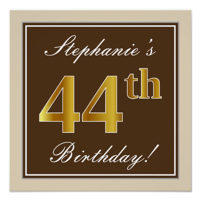 Poster Elégant, Brown, Faux Gold 44ème anniversaire + Nom (Devant)