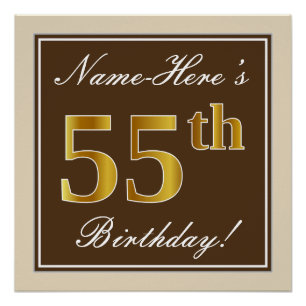 Poster Elégant, Brown, Faux Gold 55ème anniversaire + Nom