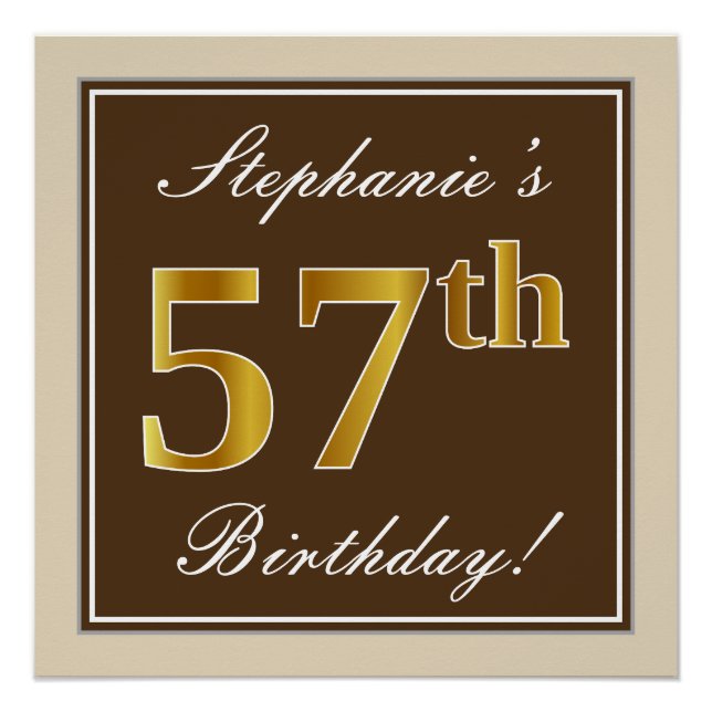 Poster Elégant, Brown, Faux Gold 57ème anniversaire + Nom (Devant)