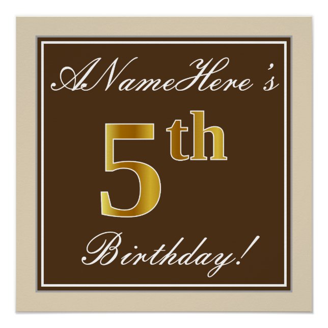 Poster Elégant, Brown, Faux Gold 5ème anniversaire + Nom (Devant)