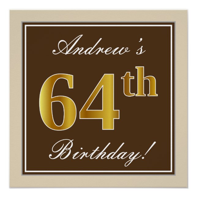 Poster Elégant, Brown, Faux Gold 64ème anniversaire + Nom (Devant)