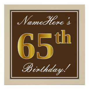 Poster Elégant, Brown, Faux Gold 65ème anniversaire + Nom
