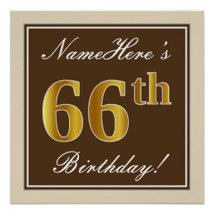 Poster Elégant, Brown, Faux Gold 66ème anniversaire + Nom