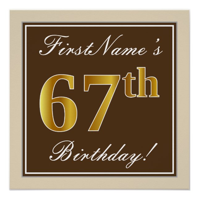 Poster Elégant, Brown, Faux Gold 67ème anniversaire + Nom (Devant)
