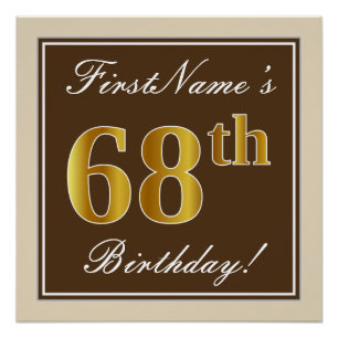 Poster Elégant, Brown, Faux Gold 68ème anniversaire + Nom