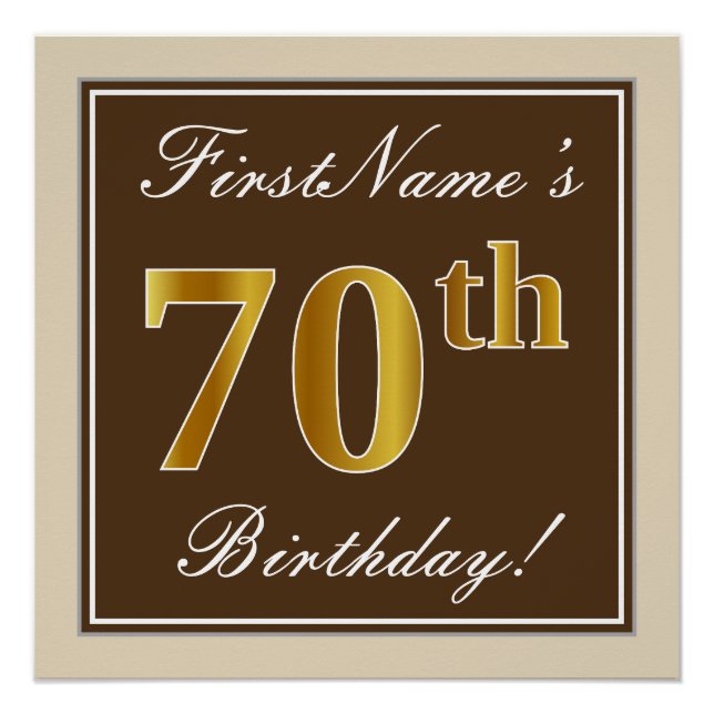 Poster Elégant, Brown, Faux Gold 70e anniversaire + Nom (Devant)