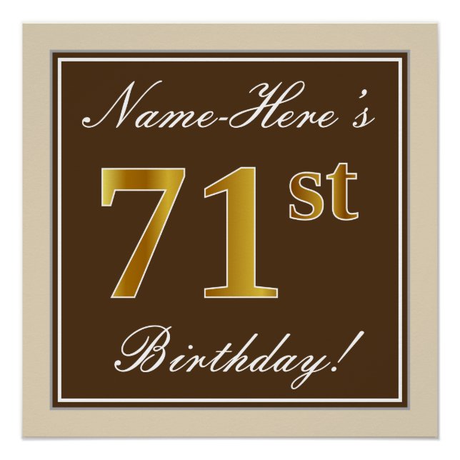 Poster Elégant, Brown, Faux Gold 71ème anniversaire + Nom (Devant)