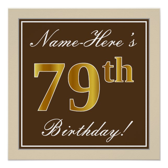 Poster Elégant, Brown, Faux Gold 79ème anniversaire + Nom (Devant)