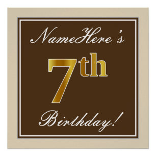 Poster Elégant, Brown, Faux Gold 7ème anniversaire + Nom