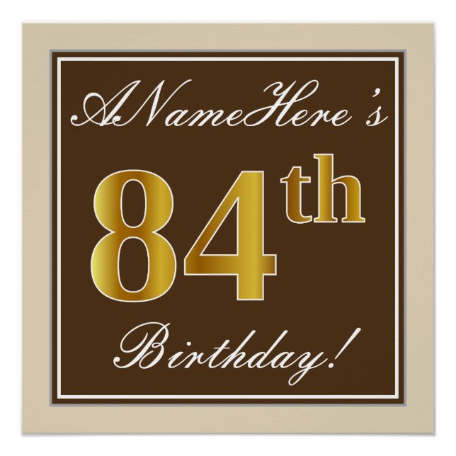 Poster Elégant, Brown, Faux Gold 84ème anniversaire + Nom (Devant)