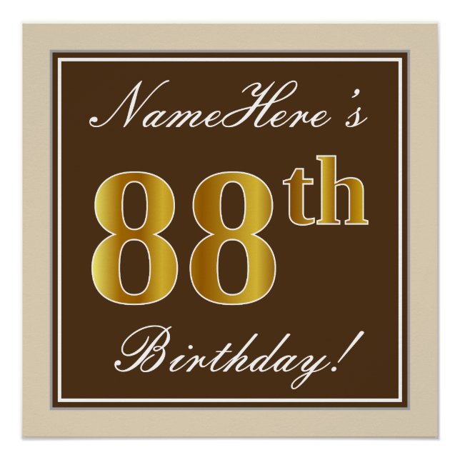 Poster Elégant, Brown, Faux Gold 88ème anniversaire + Nom (Devant)