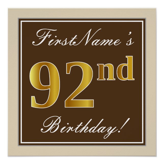 Poster Elégant, Brown, Faux Gold 92ème anniversaire + Nom (Devant)