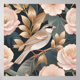 Poster Élégant Bruant Dusty rose et or Floral