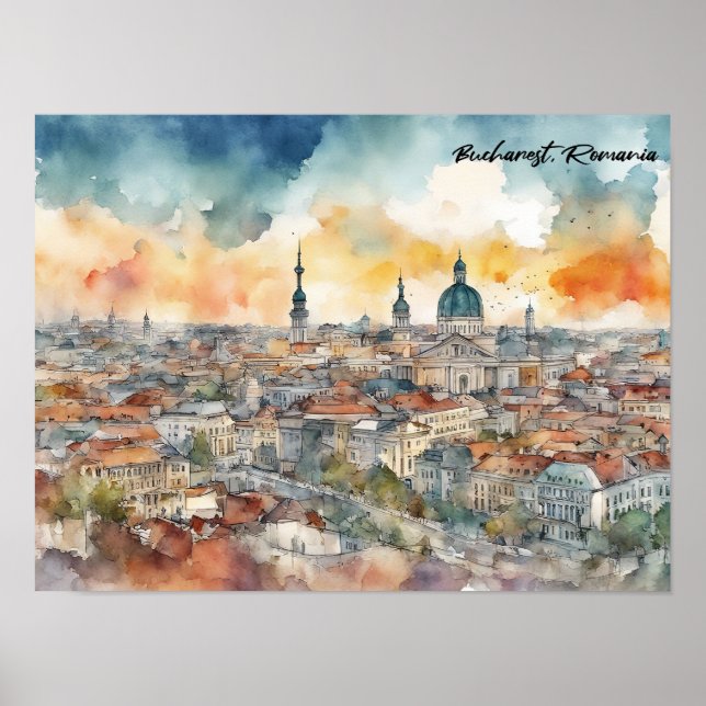 Poster Elégant Bucarest Roumanie Aquarelle Ville Vue (Devant)