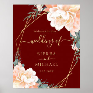Poster Élégant Burgundy Blush Gold Peach Mariage Floral
