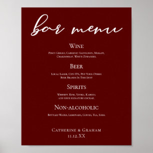 Poster Elégant Burgundy Soir Bar Mariage Menu