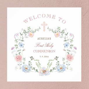 Poster Elégant cadre floral Première communion Accueil