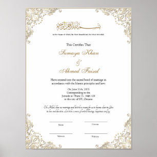 Poster Élégant cadre or musulman nikkah certificat