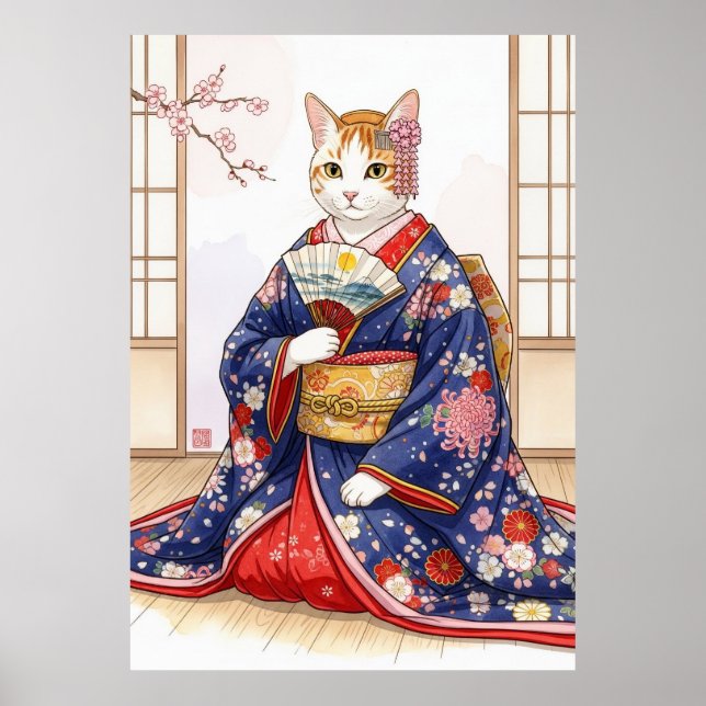 Poster Elegant Cat in Traditional Japanese Kimono Cute (Devant)