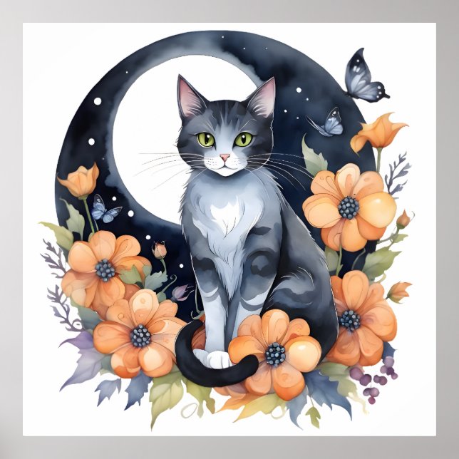 Poster Élégant Chat noir Floral Moon Art Amoureux des cha (Devant)