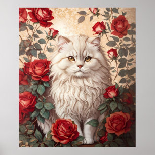 Poster Élégant Chat Perse Vintage Avec Rose
