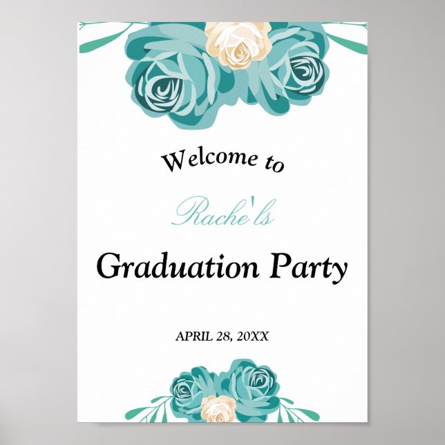 Poster Elégant chic aquarelle bleu Floral Graduation (Devant)