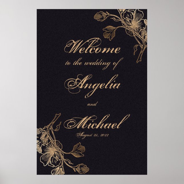 Poster Élégant Chic Gold Faux Metal Floral Mariage (Devant)
