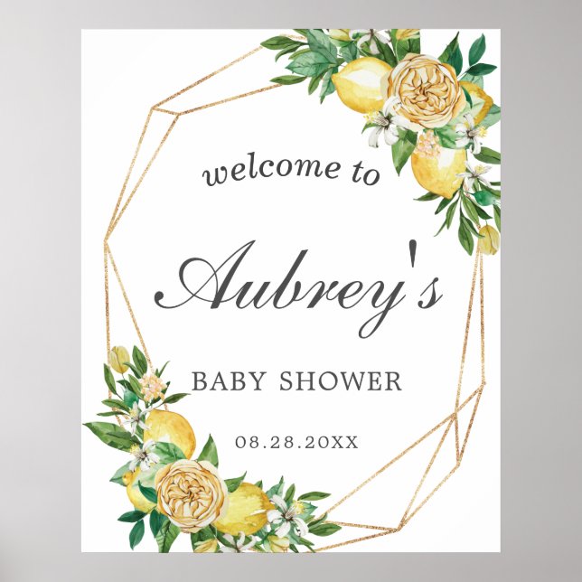 Poster Elégant citron floral Baby shower géométrique Bien (Devant)