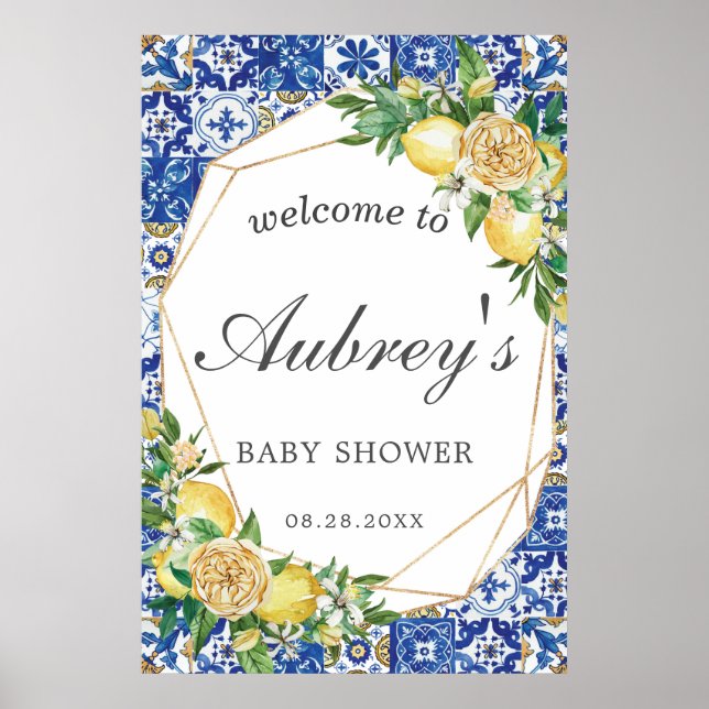 Poster Elégant citron floral Baby shower géométrique Bien (Devant)