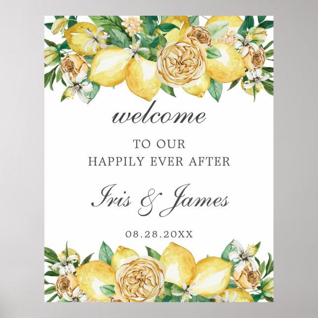 Poster Élégant citron vert floral Mariage Bienvenue (Devant)