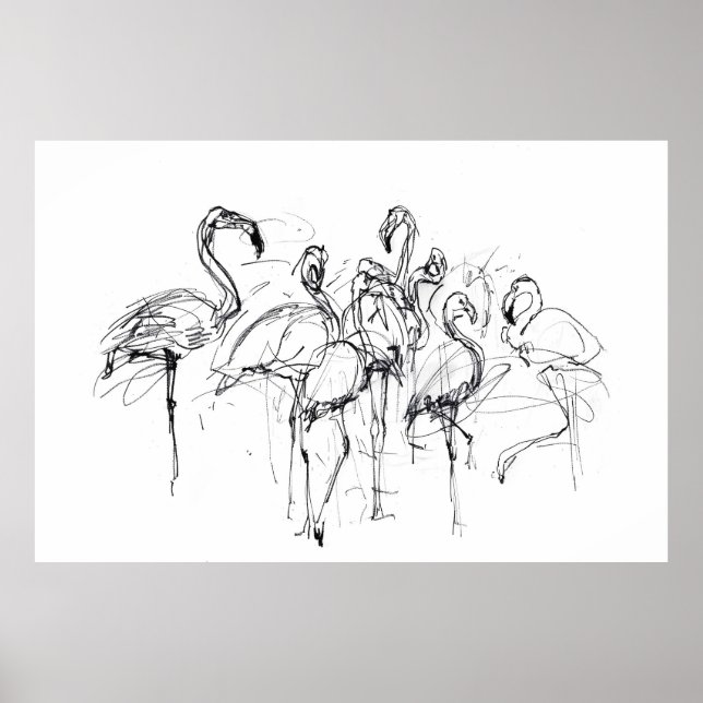 Poster Elégant croquis Flamant rose - Premium (Devant)