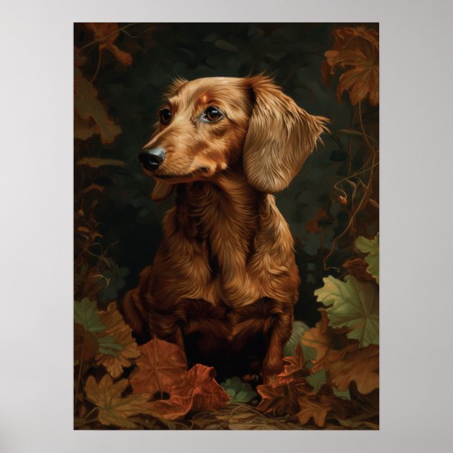 Poster Elégant Dachshund avec feuilles d'automne | Animal (Devant)