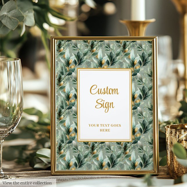 Poster Elégant Deep Green Gold Eucalyptus Mariage personn (Elegant Deep Green Gold Eucalyptus Custom Sign)