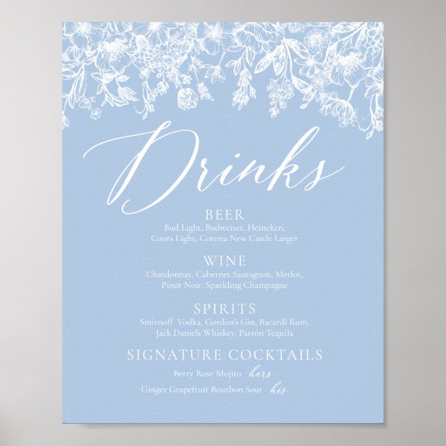 Poster Élégant Dusty Blue Fleur sauvage Boissons Menu Sig (Devant)