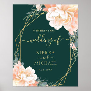 Poster Élégant Emerald Green Peach Floral Mariage