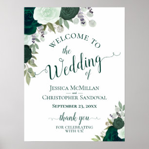 Poster Élégant Emerald Green Roses Boho Mariage Bienvenue