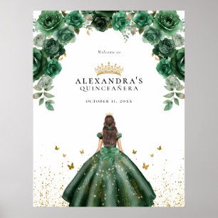Poster Élégant Émeraude Quinceañera Floral Faux Feuille m