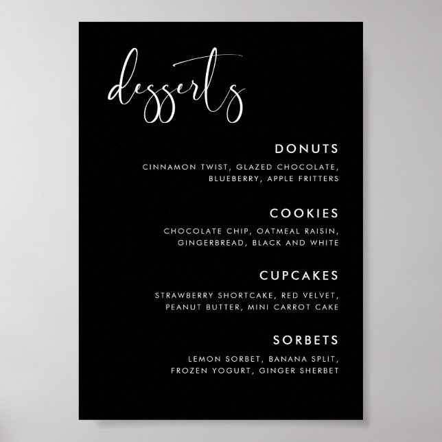 Poster Elégant et moderne Mariage Black Dessert Bar signe (Devant)