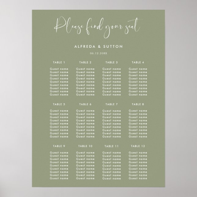 Poster Elégant et moderne Sage Green mariage carte de siè (Devant)