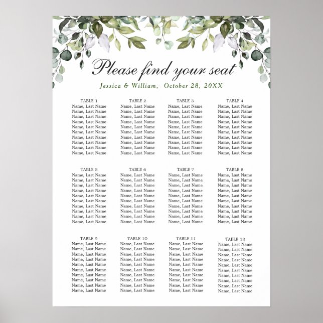 Poster Élégant Eucalyptus 12 Tables Mariage GRAPHIQUE DE  (Devant)