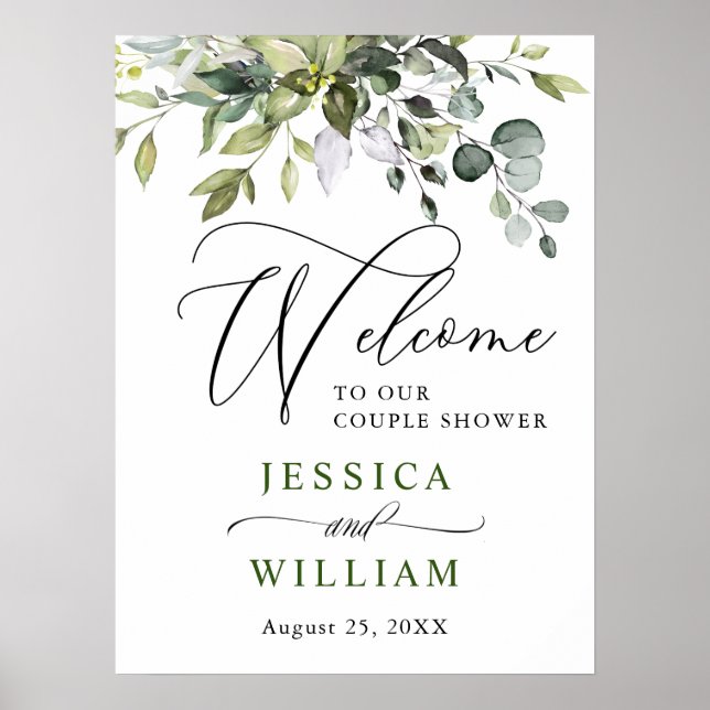Poster Elégant Eucalyptus Aquarelle Couple Couple Douche (Devant)