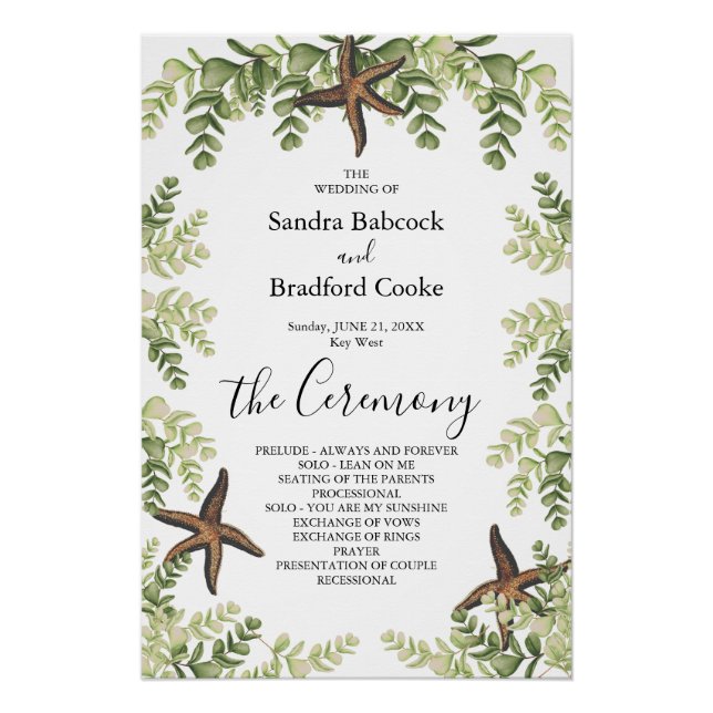 Poster Elégant Eucalyptus Beach Starfish Wedding Programm (Devant)