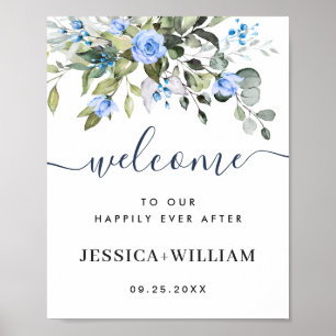 Poster Elégant Eucalyptus Bleu Rose Mariage Bienvenue
