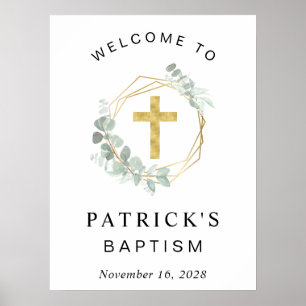 Poster Elégant Eucalyptus Cross Baptism Bienvenue