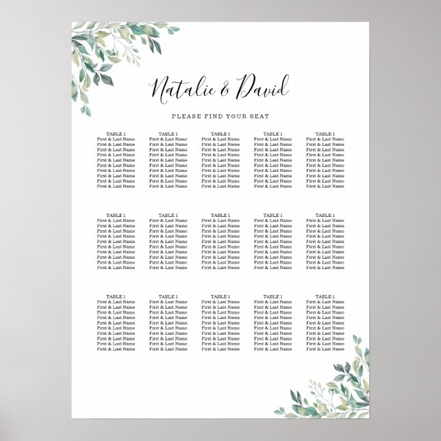Poster Elégant Eucalyptus Greenery Mariage Seating Chart (Devant)