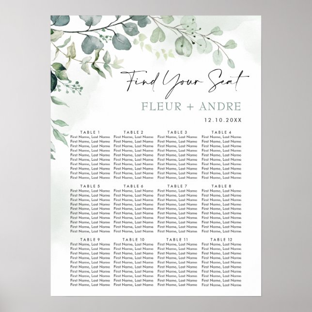 Poster Elégant Eucalyptus Greenery Mariage Seating Chart (Devant)