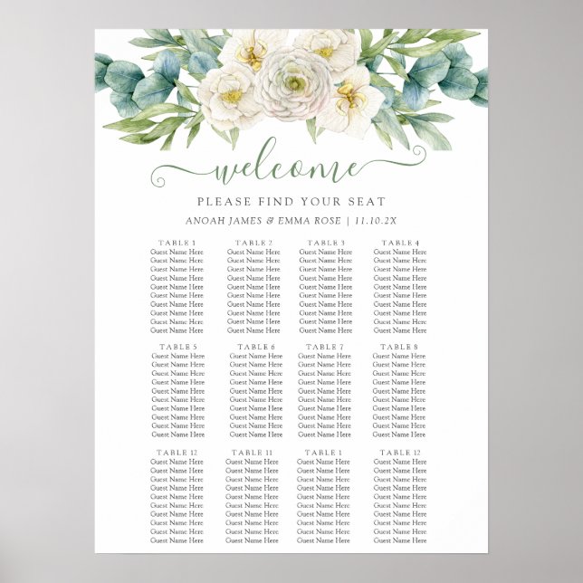 Poster Elegant Eucalyptus Greenery Wedding Seating Chart (Devant)