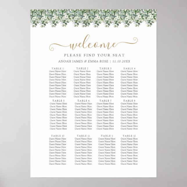 Poster Elegant Eucalyptus Greenery Wedding Seating Chart (Devant)